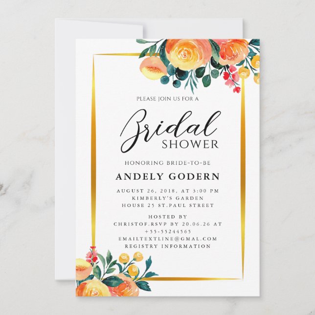 Invitation Gold Frame with Orange Floral Modern Bridal Shower (Devant)