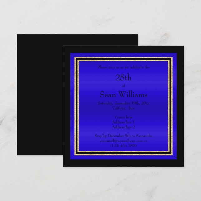 Invitation Gold Frames Blue & Black Man's Birthday (Devant / Derrière)