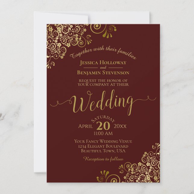 Invitation Gold Frills Elegant Auburn Brown Mariage (Devant)