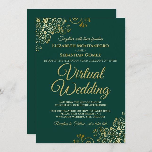 Invitation Gold Frills Emerald Green Elegant Mariage virtuel (Devant / Derrière)