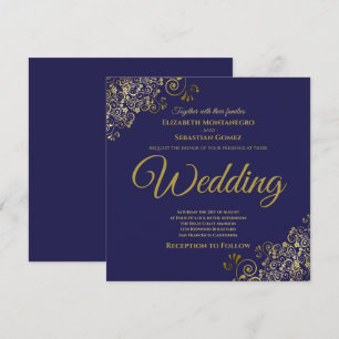 Invitation Gold Frills Marine Blue Elegant Carré Mariage