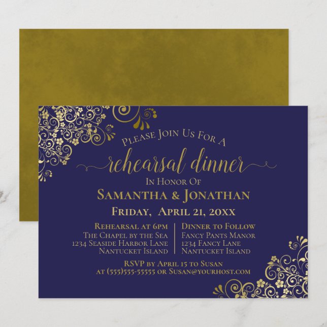 Invitation Gold Frills Marine Blue Mariage Revue et dîner (Devant / Derrière)