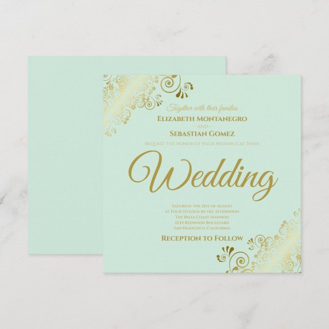 Invitation Gold Frills Neo Mint Green Elegant Carré Mariage (Devant / Derrière)