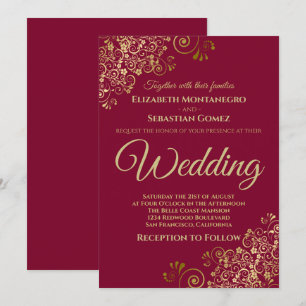 Invitation Gold Frills Simple Chic Maroon Mariage Bourgogne