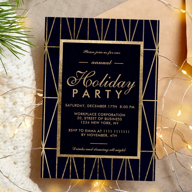 Invitation Gold géométrique marine bleu hiver vacances d'entr (Gold geometric navy blue winter corporate holiday invitation)