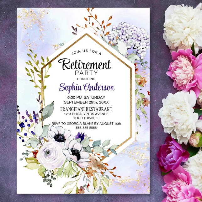 Invitation Gold Géométrique Purple Floral Retraite Party (Créateur téléchargé)