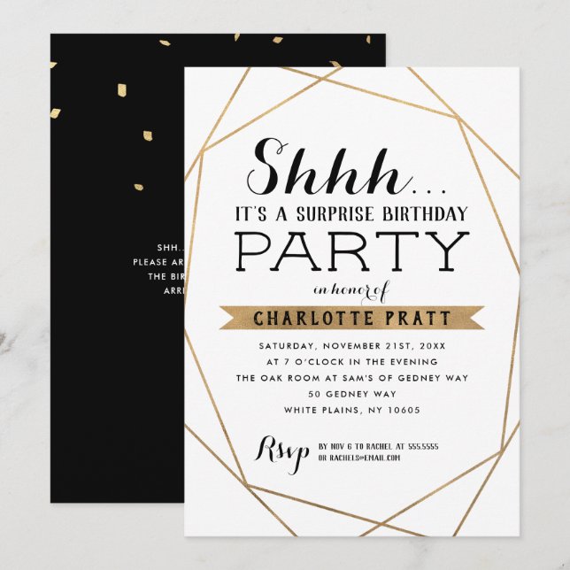 Invitation Gold Géométrique Shh Surprise fête d'anniversaire (Devant / Derrière)