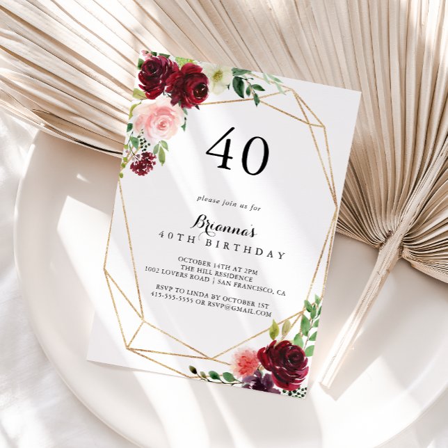 Invitation Gold Géométrique Spring Floral 40e fête d'annivers (Créateur téléchargé)