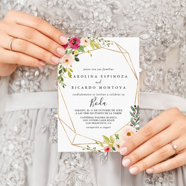 Invitation Gold Géométrique Verdure Floral Mariage espagnol (Créateur téléchargé)