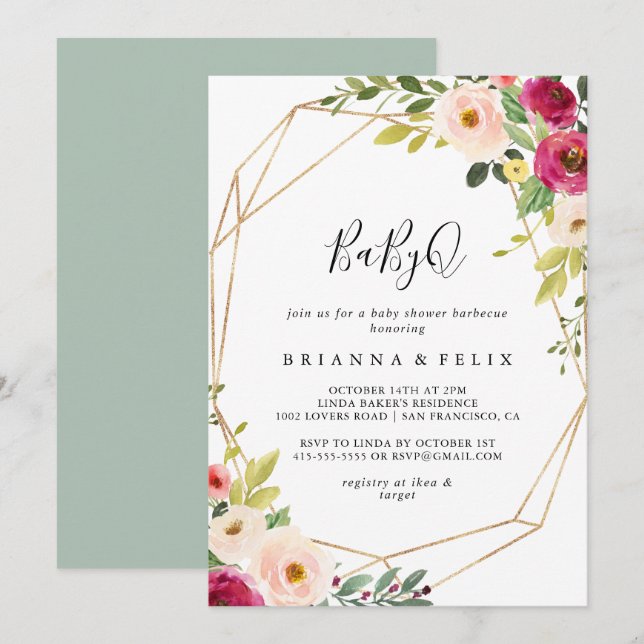 Invitation Gold Géométrique Vert BabyQ Baby shower Barbecue (Devant / Derrière)