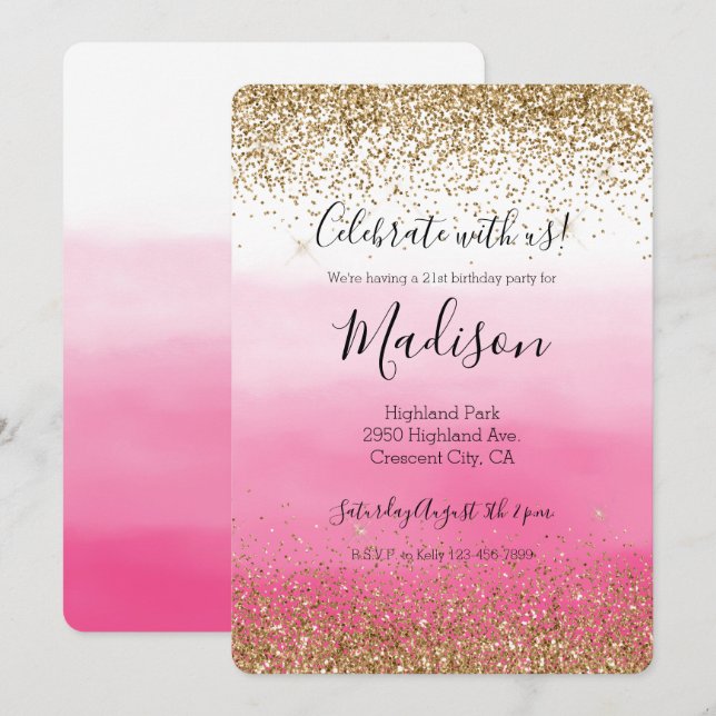 Invitation Gold Glam Glitzy Sparkle Parties scintillant Pink  (Devant / Derrière)
