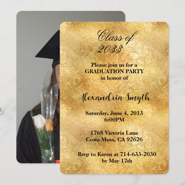 Invitation Gold Glam Graduation Votre photo (Devant / Derrière)