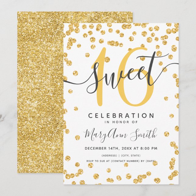 Invitation Gold Glam Parties scintillant Confetti 16e anniver (Devant / Derrière)