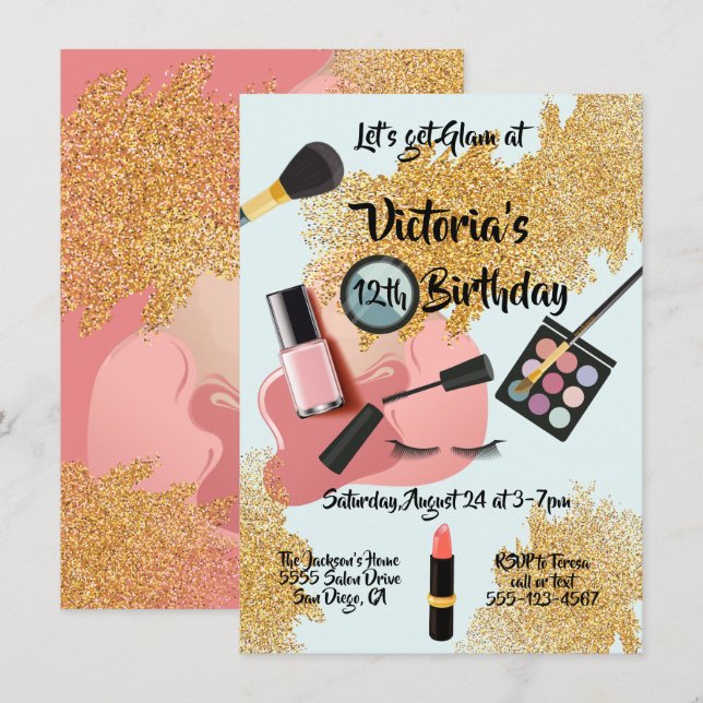 Invitation Gold Glam parties scintillant Spa fête d'anniversa (Devant / Derrière)