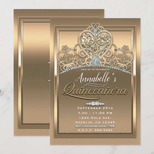 Invitation Gold Glam Princess Heart Tiara fête d'anniversaire (Devant / Derrière)