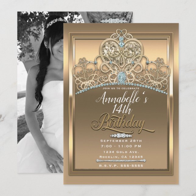 Invitation Gold Glam Princess Heart Tiara Photo Anniversaire (Devant / Derrière)