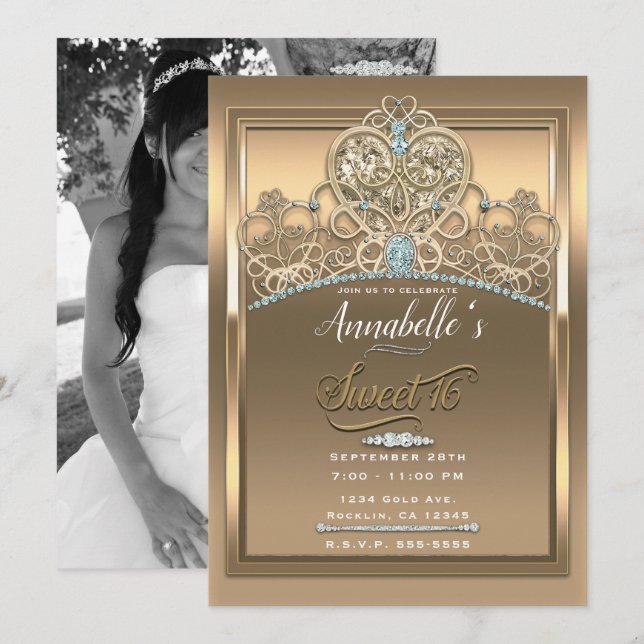 Invitation Gold Glam Princess Heart Tiara Sweet 16 Photo (Devant / Derrière)