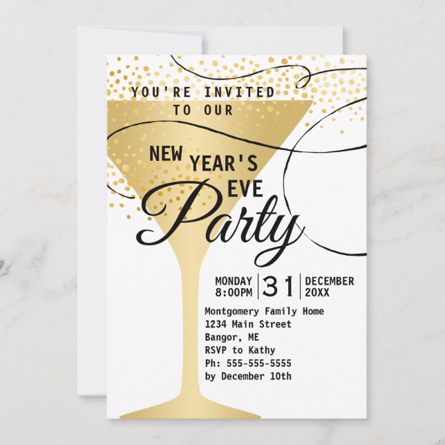 Invitation Gold Glass Confetti White Nouvel An Party 2019 (Devant)