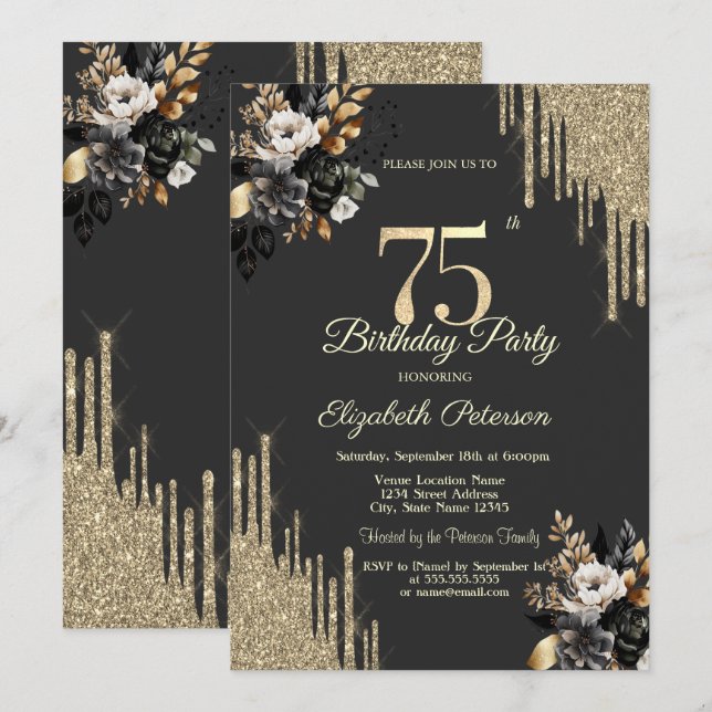 Invitation Gold Glitter Drips Black Roses Dark 75th Birthday (Devant / Derrière)