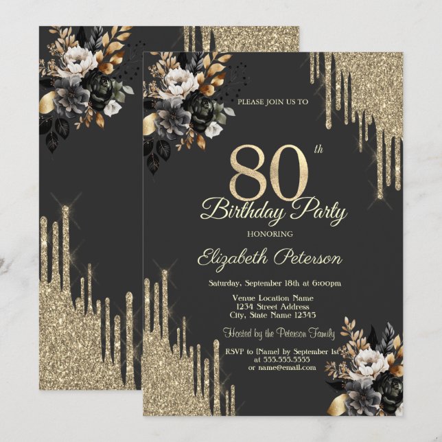 Invitation Gold Glitter Drips Black Roses Dark 80th Birthday (Devant / Derrière)