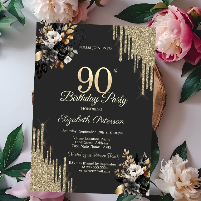 Invitation Gold Glitter Drips Black Roses Dark 90th Birthday (Créateur téléchargé)