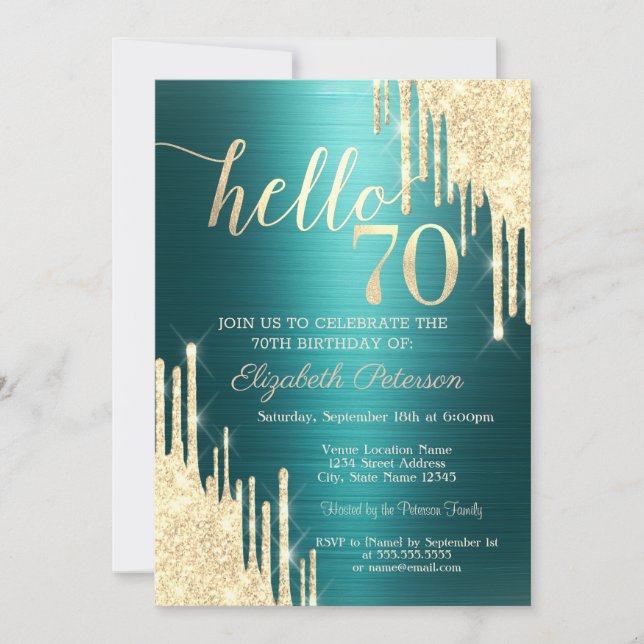 Invitation Gold Glitter Drips Green Metallic 70th Birthday (Devant)