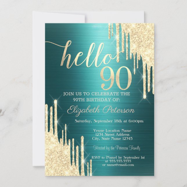 Invitation Gold Glitter Drips Green Metallic 90th Birthday (Devant)