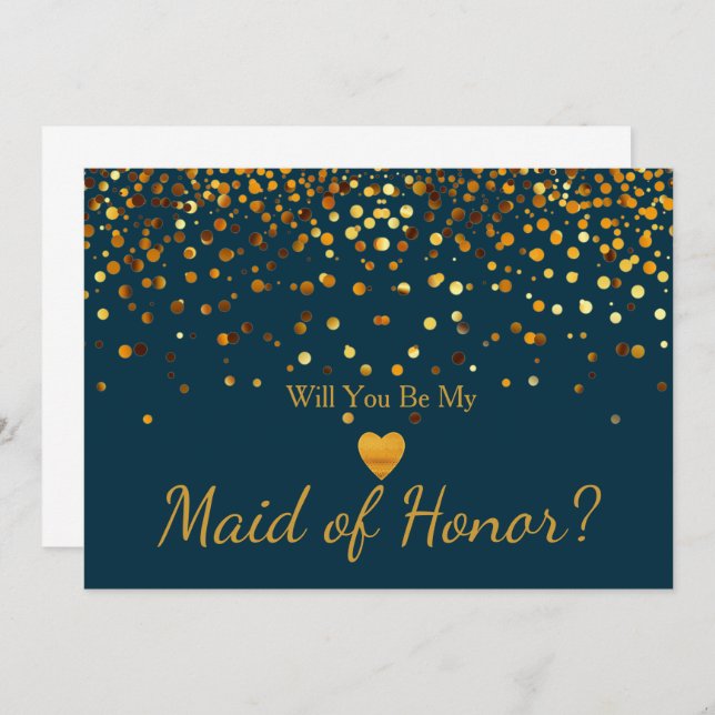 Invitation Gold Glitter Heart Faux maid of honor (Devant / Derrière)