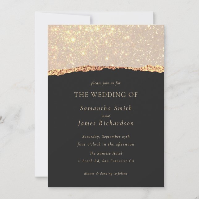 Invitation Gold Glitter Marble Black Wedding  (Devant)