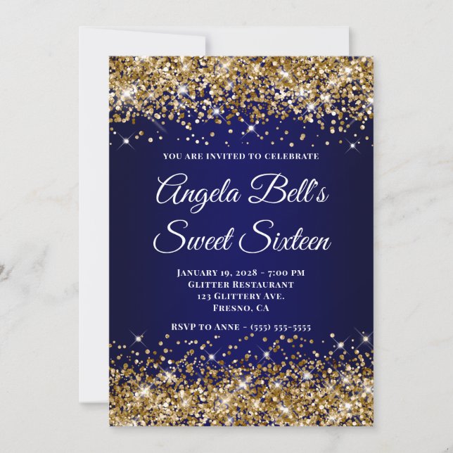 Invitation Gold Glitter Navy Blue Ombre Sweet Sixteen (Devant)