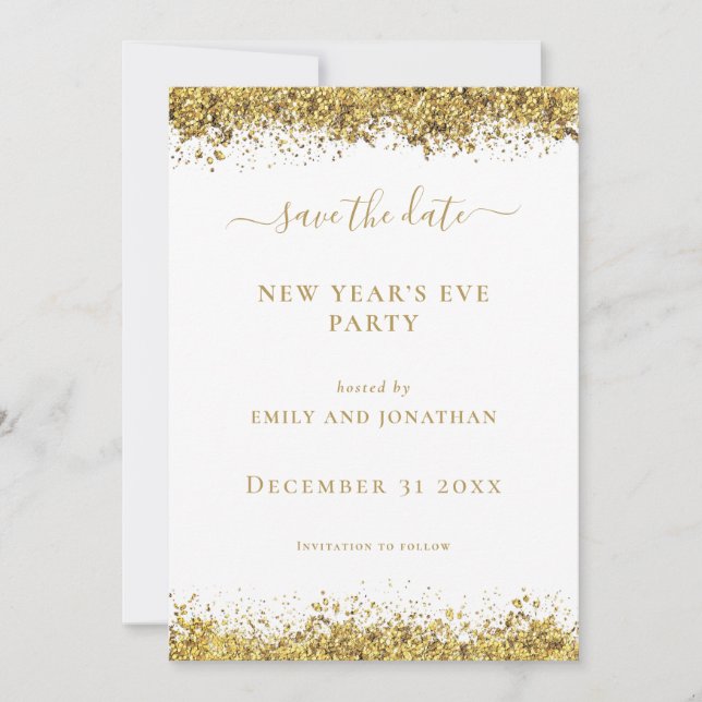 Invitation Gold Glitter New Year Eve Party Save the Date card (Devant)