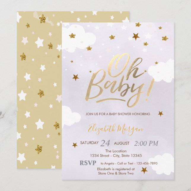 Invitation Gold Glitter Stars Clouds Lavender Baby Shower  (Devant / Derrière)