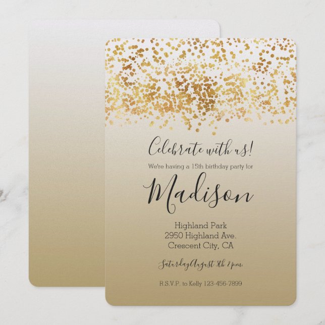 Invitation Gold Glitzy Confetti Ombre (Devant / Derrière)