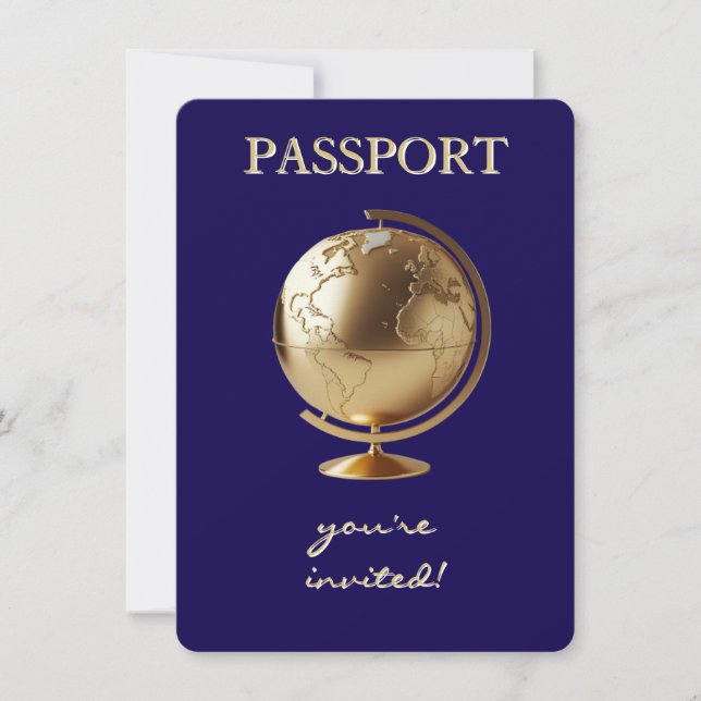 Invitation Gold Globe Passport Travel Baby Shower (Devant)