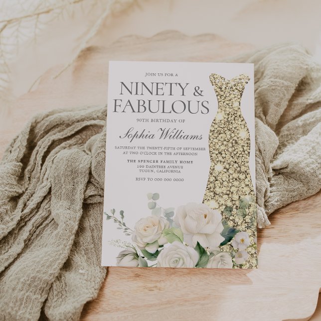 Invitation Gold Gown Fleurs blanches Elégant 90e anniversaire (Créateur téléchargé)