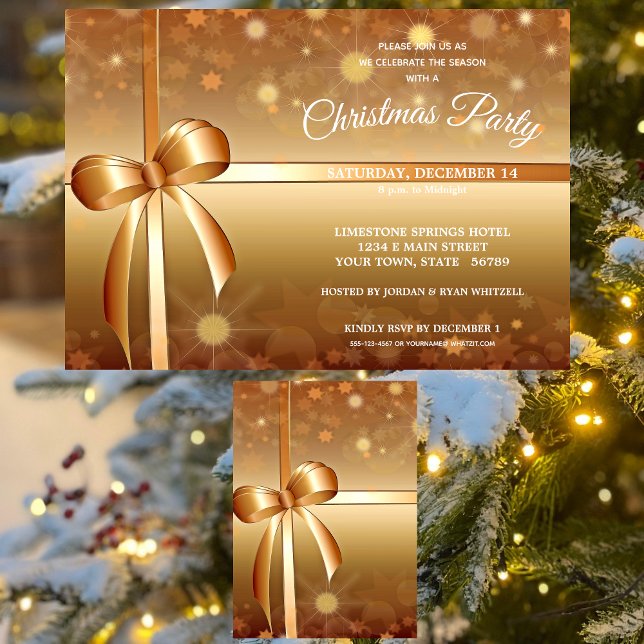 Invitation Gold Gracieux, White Ribbon Bow fête de Noël (Créateur téléchargé)