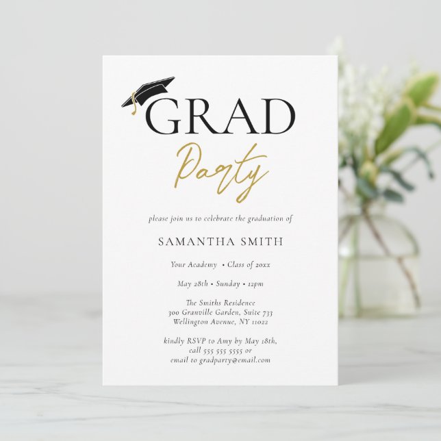 Invitation Gold Grad Casquette Moderne Calligraphie Parti de  (Debout devant)