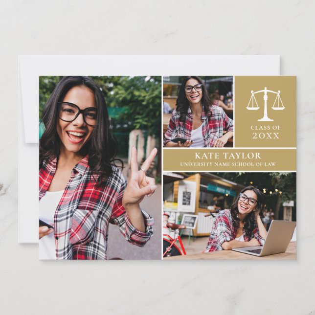 Invitation Gold Graduate 3 Photo Law School Graduation Party (Devant)