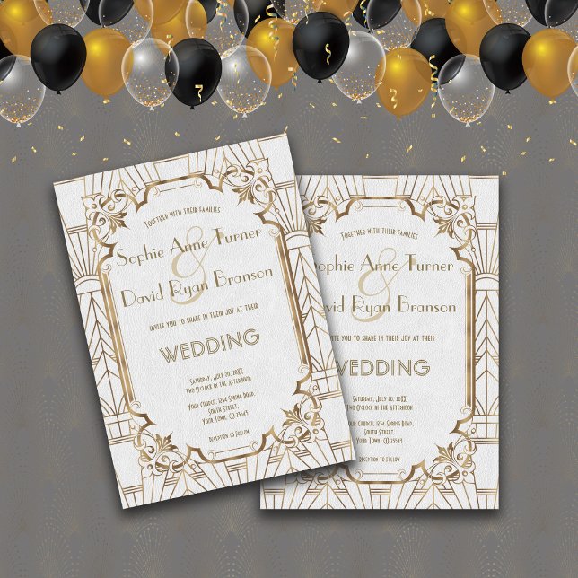 Invitation Gold Great White Art Déco Mariage des années 1920 (Wedding white gold Art Deco invitation, Glamorous Trendy Wedding invitation, All seasons wedding )