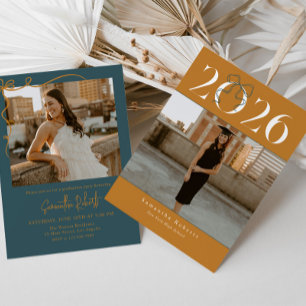 Invitation Gold Green 2026 Coquette Noeud Photo Diplôme