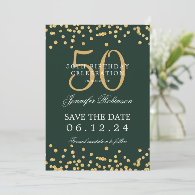 Invitation Gold Green 50th Birthday Enregistrer la date Détai (Debout devant)