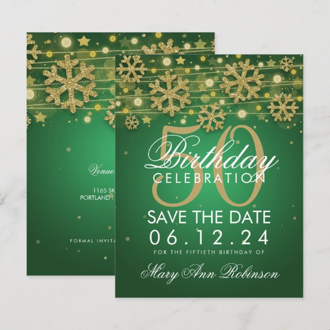 Invitation Gold Green 50th Birthday Save Date Winter (Devant / Derrière)