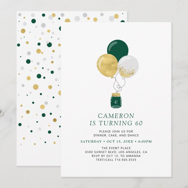 Invitation Gold & Green Balloons Moderne Adulte fête d'annive (Devant / Derrière)