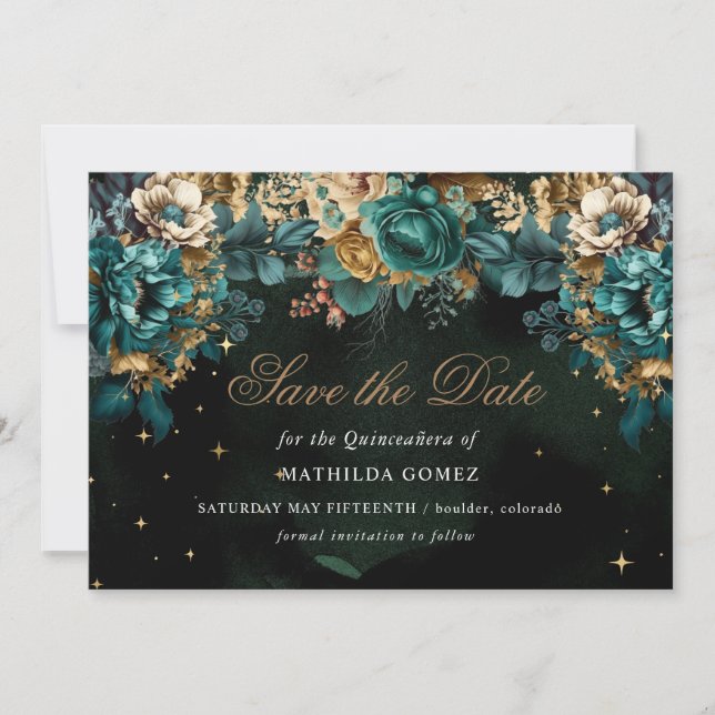 Invitation Gold Green Celestial Quinceañera Enregistrer la da (Devant)