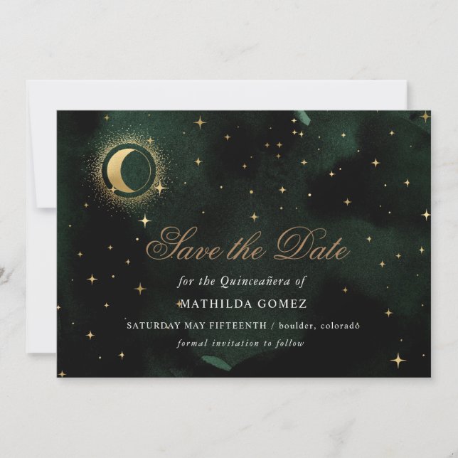 Invitation Gold Green Celestial Quinceañera enregistrer la da (Devant)