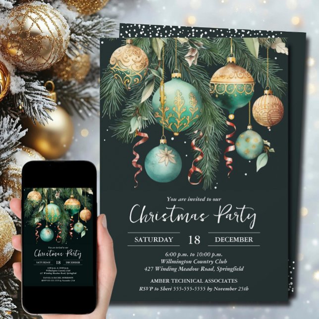 Invitation Gold Green Christmas Tree Ornaments Party (Gold and green Christmas tree ornaments party invitations, PRINTED and/or INSTANT DOWNLOAD)