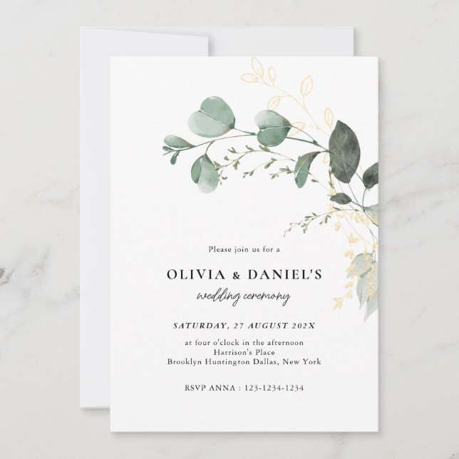 Invitation Gold & Green Eucalyptus Minimalist Wedding (Devant)