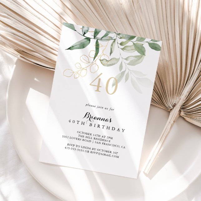Invitation Gold Green Foliage 40e fête d'anniversaire (Créateur téléchargé)