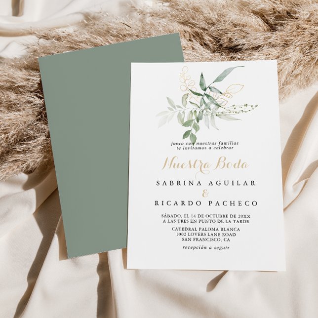 Invitation Gold Green Foliage Nuestra Boda Mariage (Créateur téléchargé)