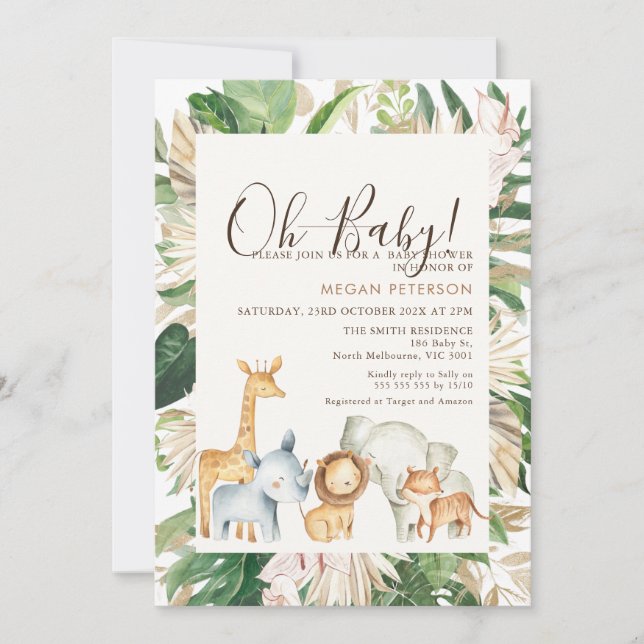 Invitation Gold Green Foliage Palm Baby shower Safari (Devant)